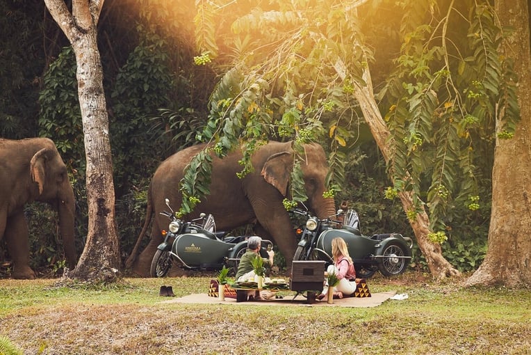 Anantara Golden Triangle Elephant Camp & Resort, Thajsko – Chiang Rai anantaragoldentriangleelephantcampandresortrecreationfacilitypicnicsidecarscoupleelephants1920x1037